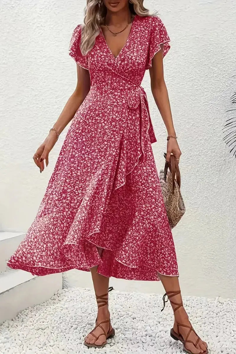 Women's Floral Wrap Midi Evening Gown Short Sleeve V-Neck Dress