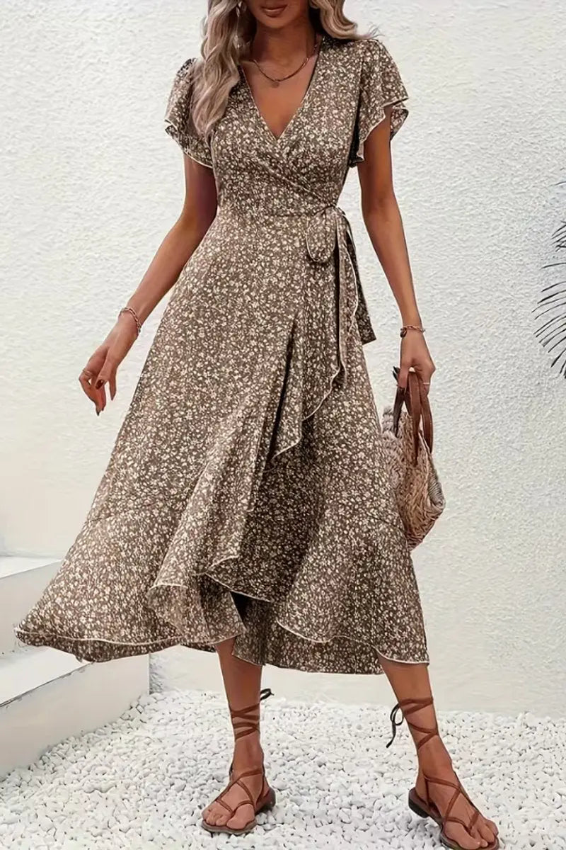 Women's Floral Wrap Midi Evening Gown Short Sleeve V-Neck Dress