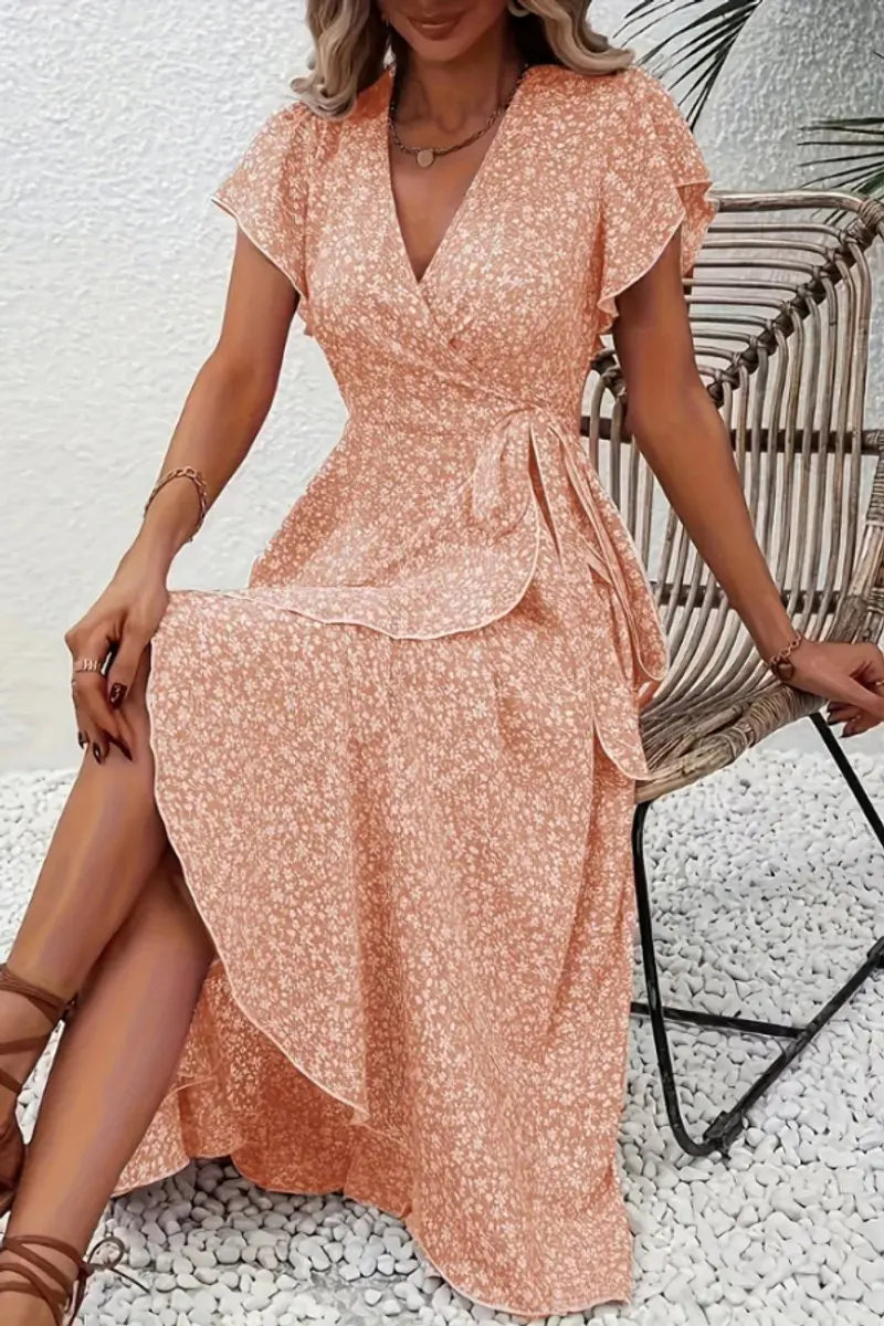 Women's Floral Wrap Midi Evening Gown Short Sleeve V-Neck Dress - Coral Pink