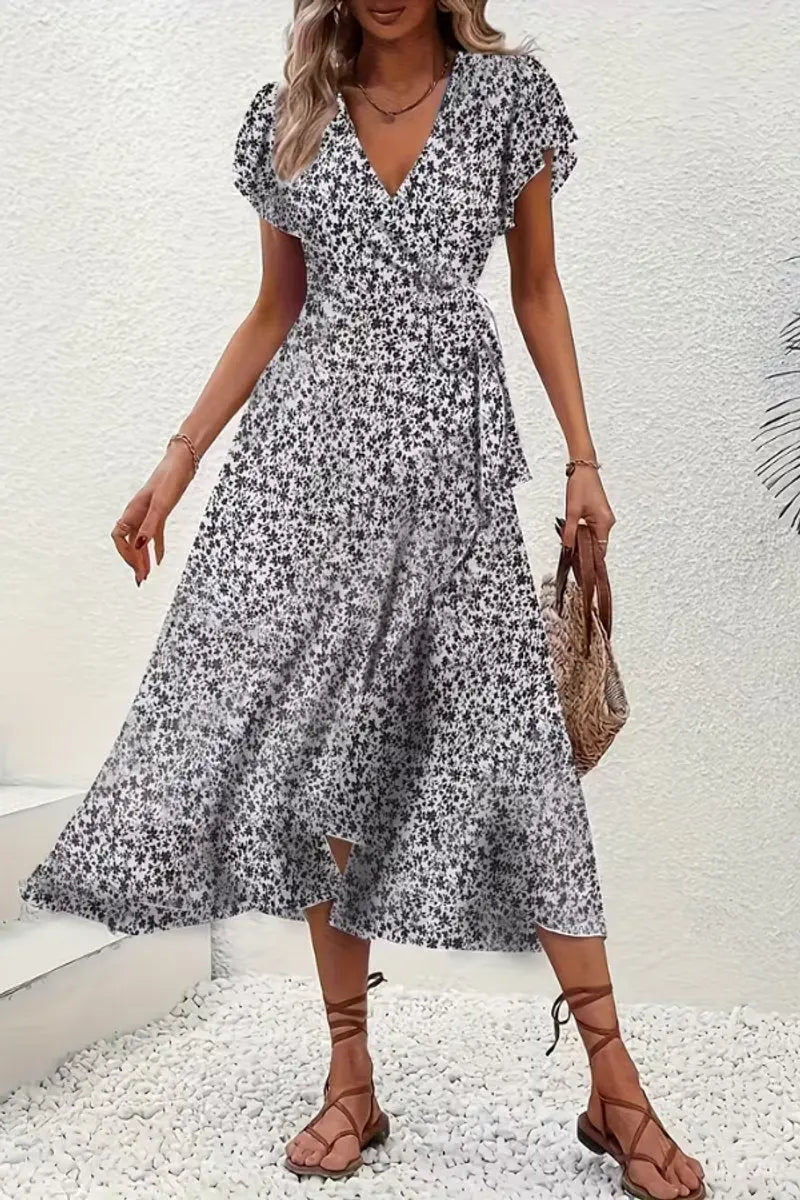Women's Floral Wrap Midi Evening Gown Short Sleeve V-Neck Dress