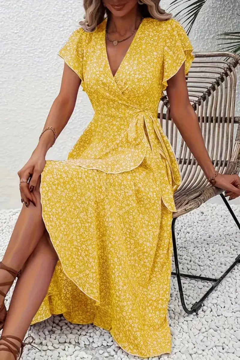 Women's Floral Wrap Midi Evening Gown Short Sleeve V-Neck Dress - Yellow