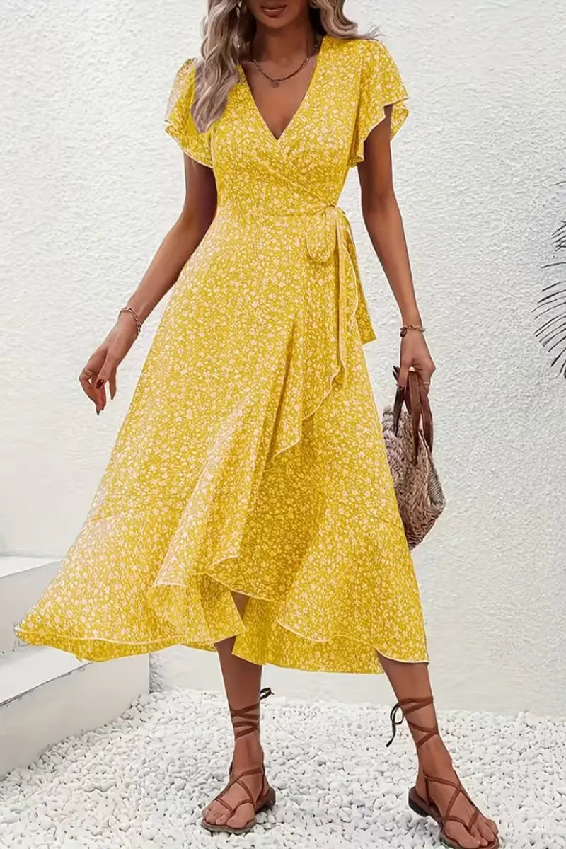 Women's Floral Wrap Midi Evening Gown Short Sleeve V-Neck Dress