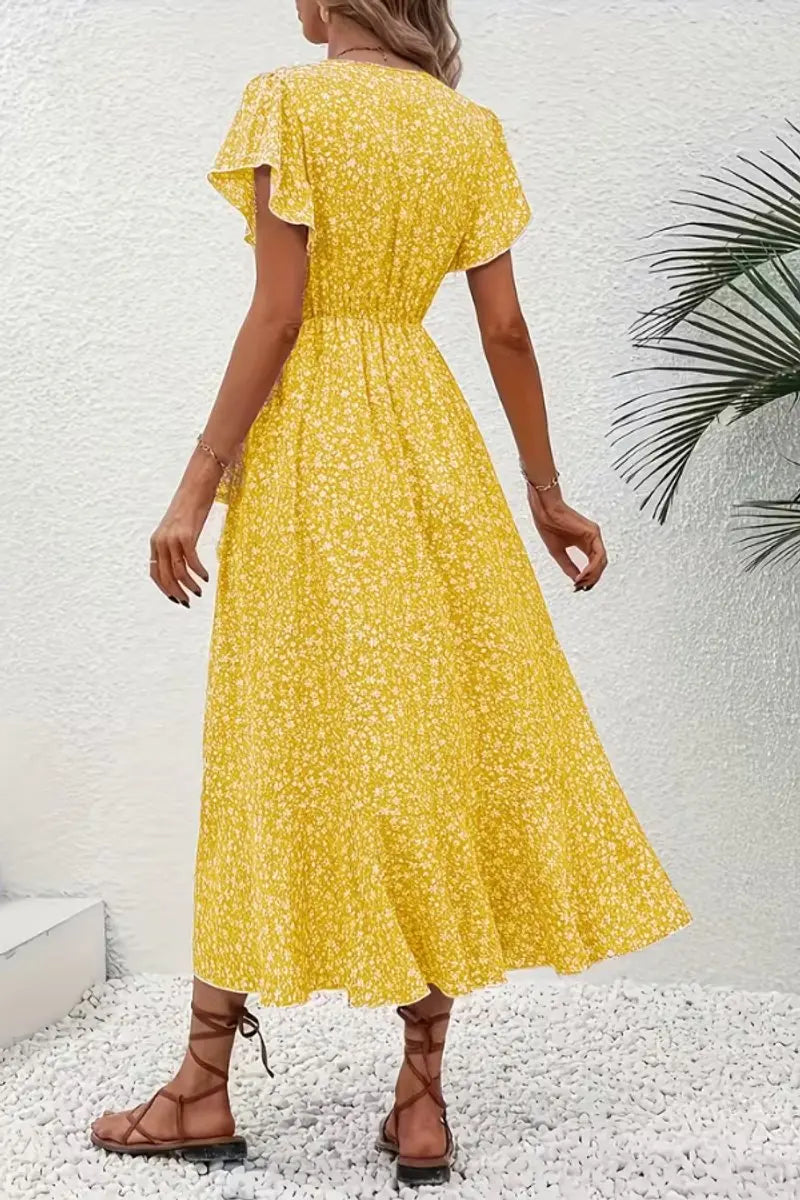 Women's Floral Wrap Midi Evening Gown Short Sleeve V-Neck Dress