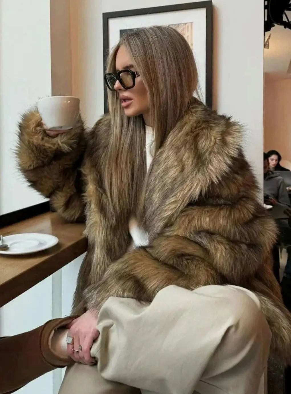Women's Fluffy Brown Faux Fur Long-Sleeve Coat - Brown