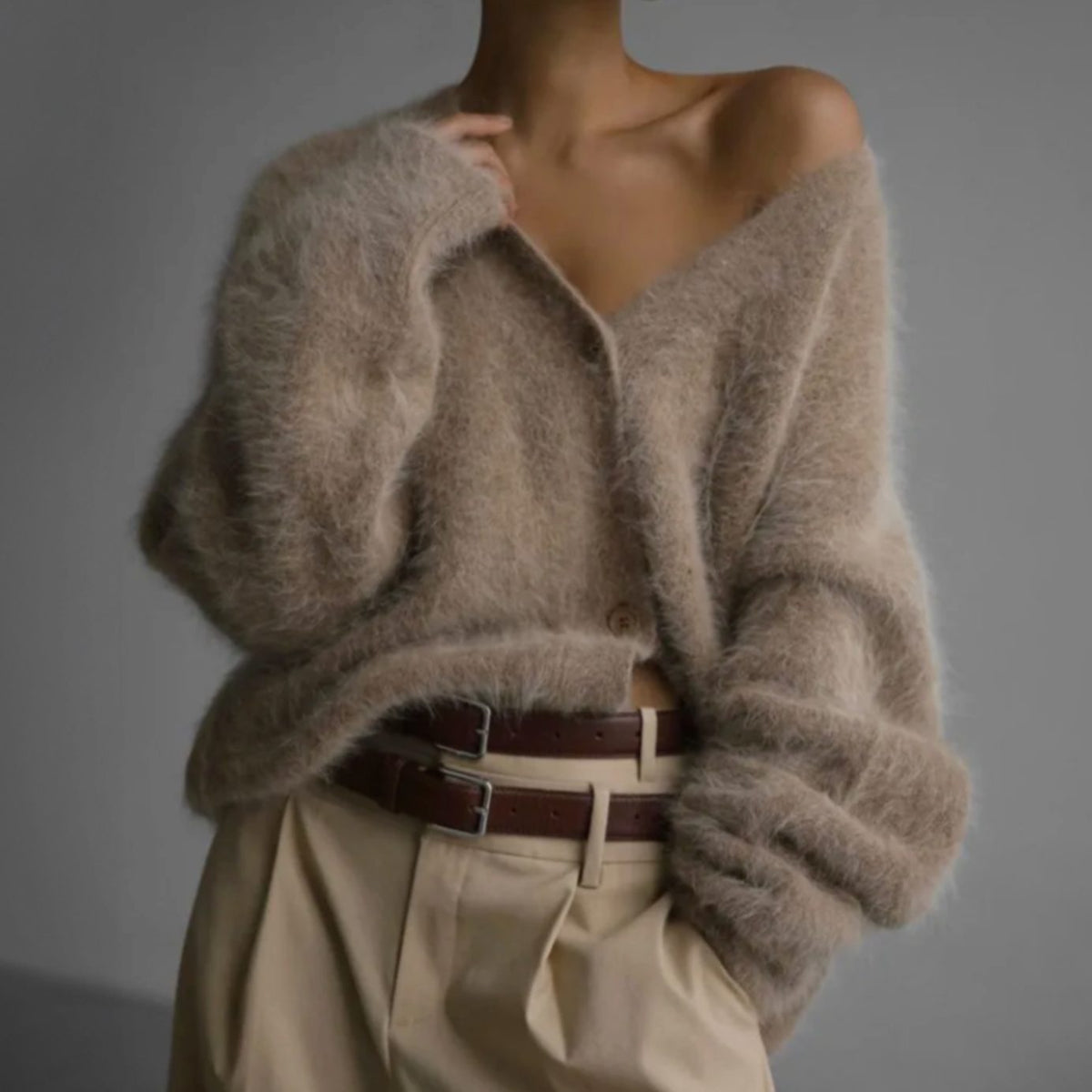 Women's Fluffy Mohair Blend V-Neck Button-Up Cardigan