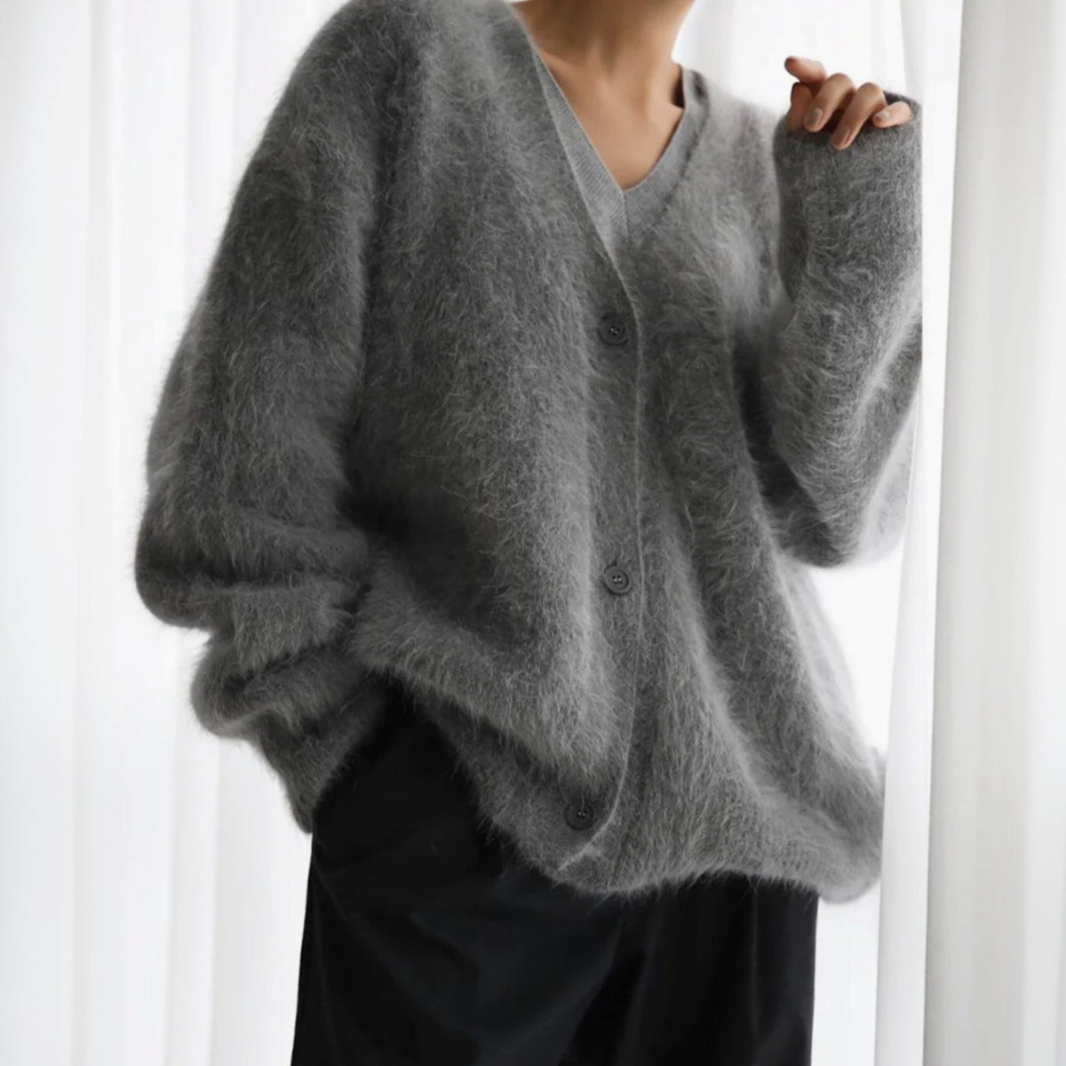Women's Fluffy Mohair Blend V-Neck Button-Up Cardigan