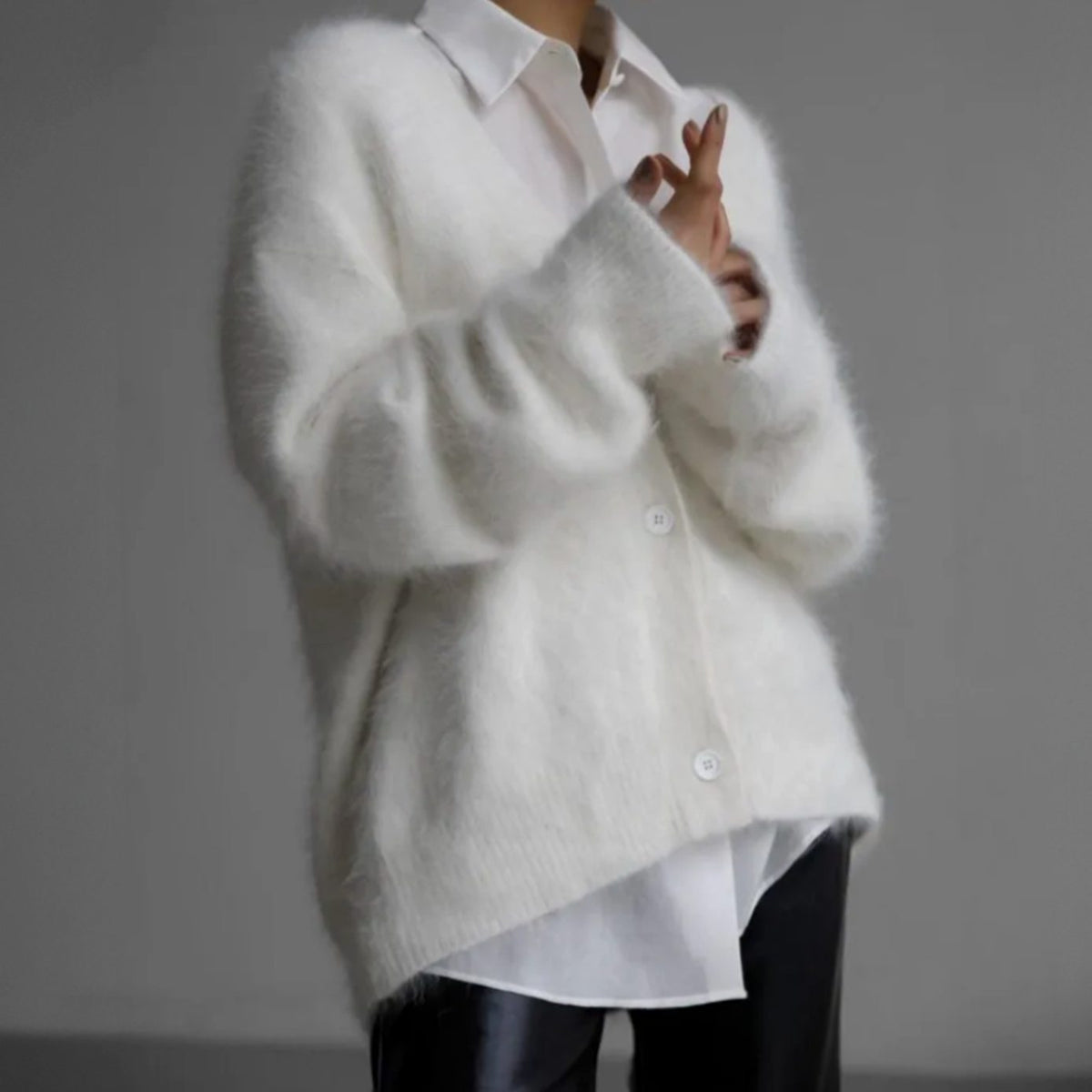 Women's Fluffy Mohair Blend V-Neck Button-Up Cardigan - Ivory White