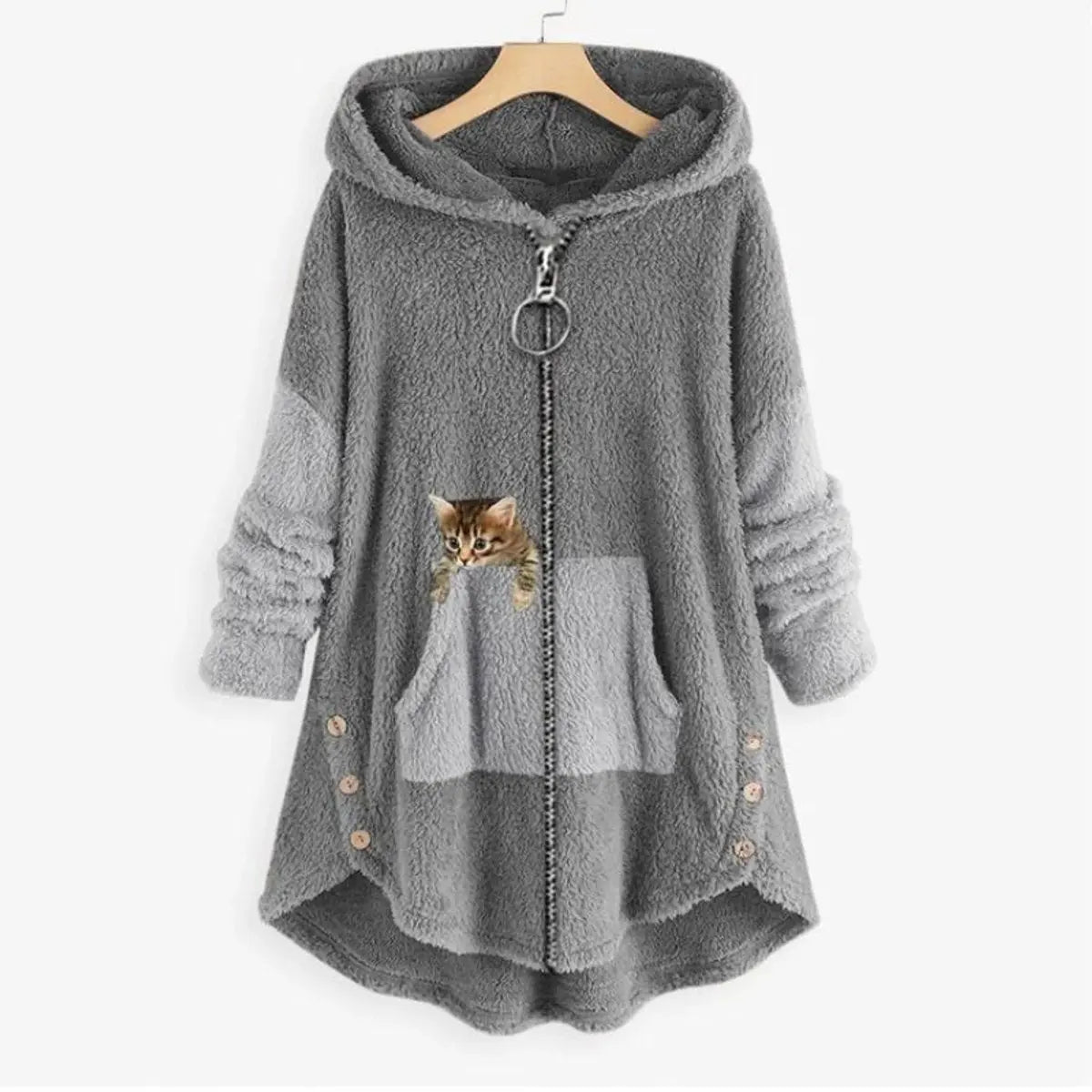 Women's Fluffy Plush Zip-Up Hooded Sweater Cat Pocket - Grey