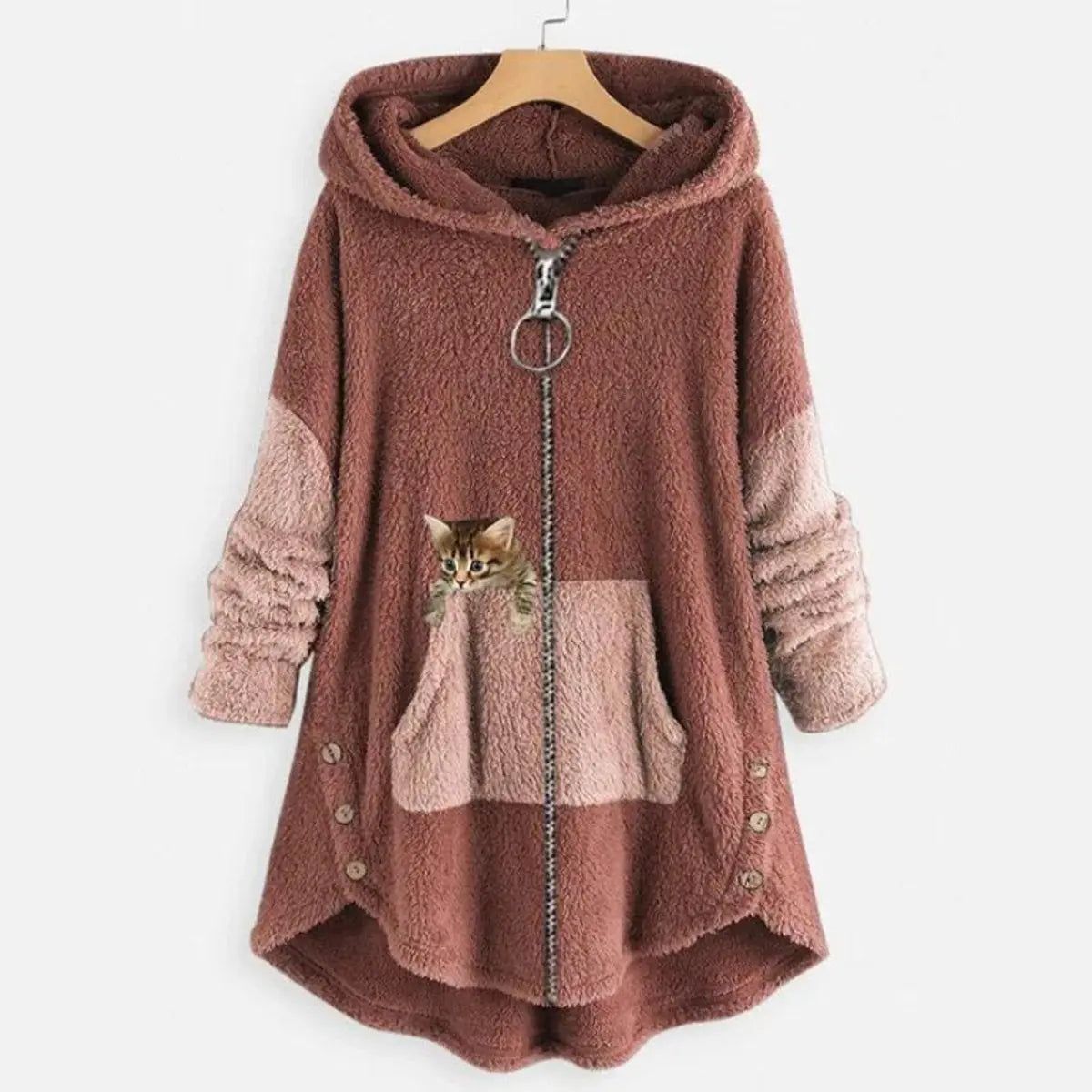 Women's Fluffy Plush Zip-Up Hooded Sweater Cat Pocket - Pink