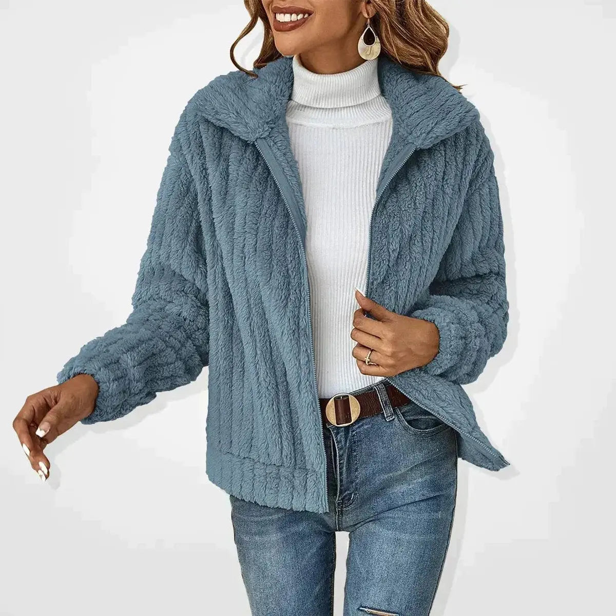 Women's Fluffy Zip-Up Quilted Jacket Teddy Fleece Coat - Blue