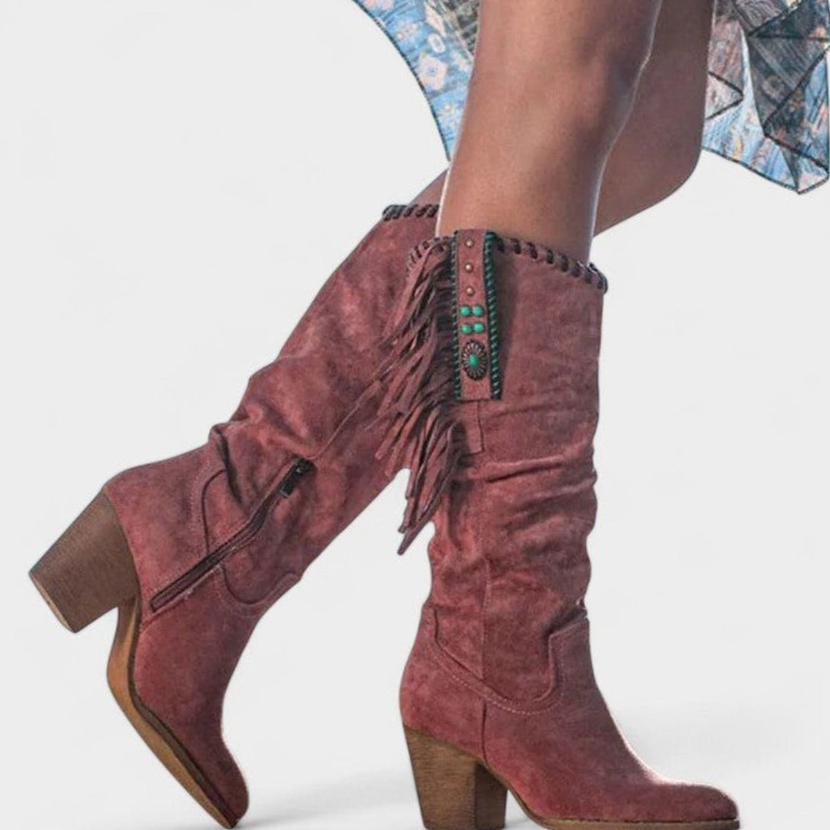 Women's Fringed Suede Block-Heel Knee-High Western Boots - Red