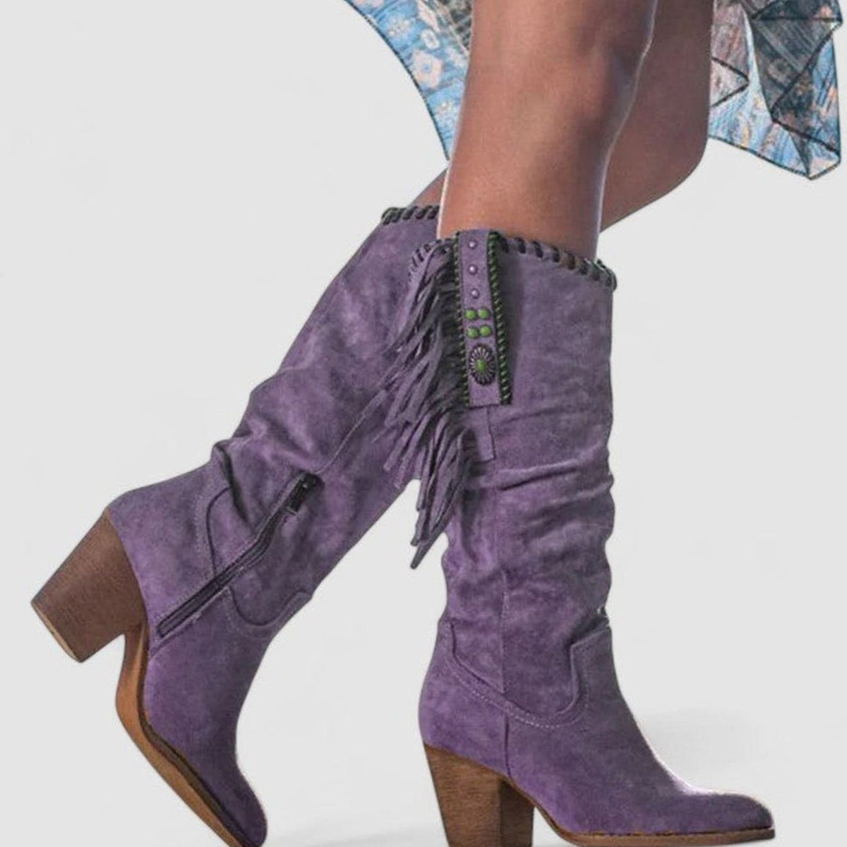 Women's Fringed Suede Block-Heel Knee-High Western Boots - Purple