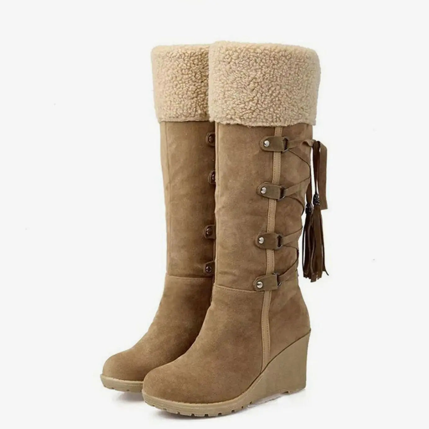 Women's Fur-Lined Wedge Heel Knee-High Winter Boots - Brown