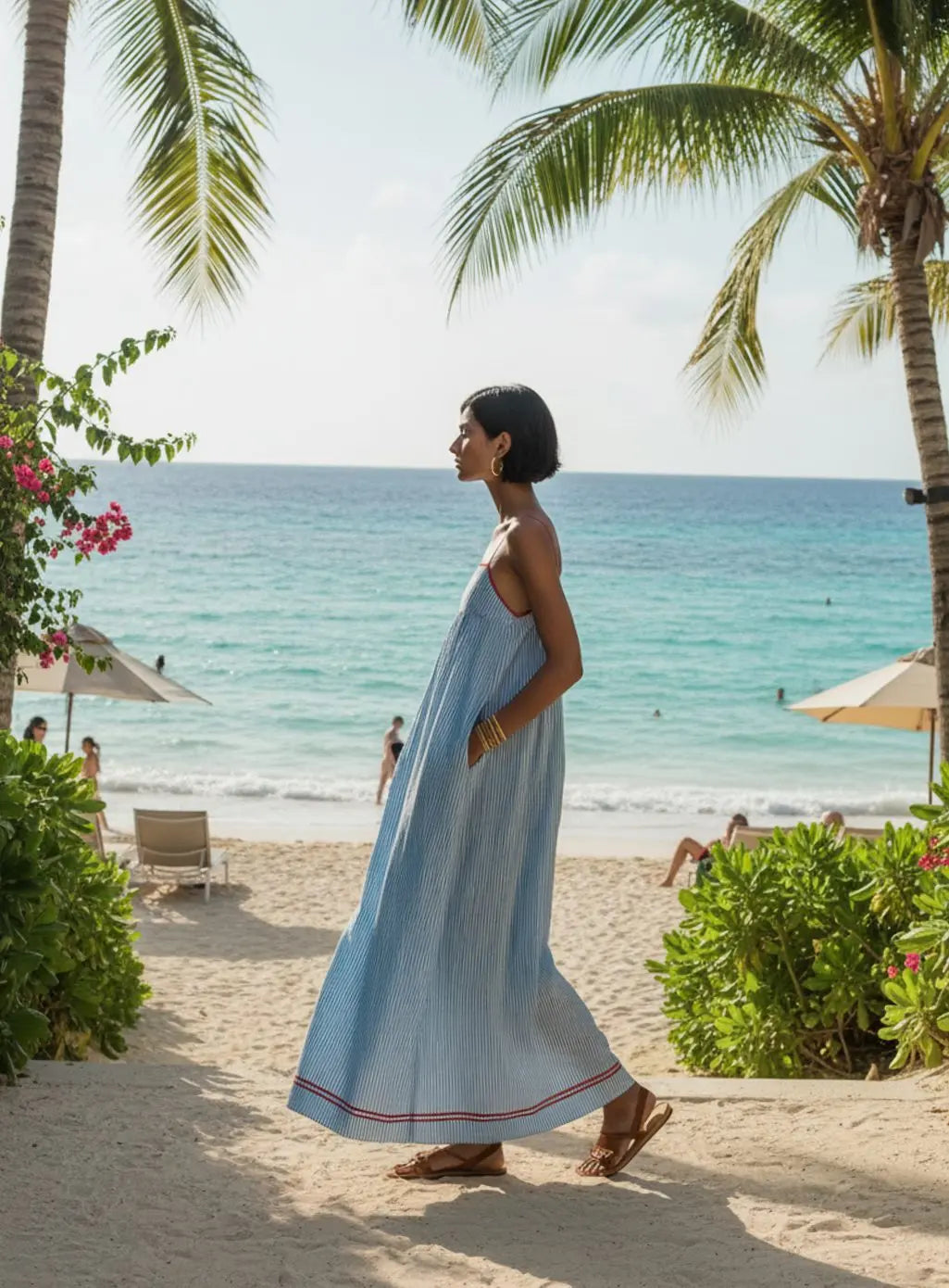 Women's Gathered Spaghetti-Strap Striped Maxi Dress
