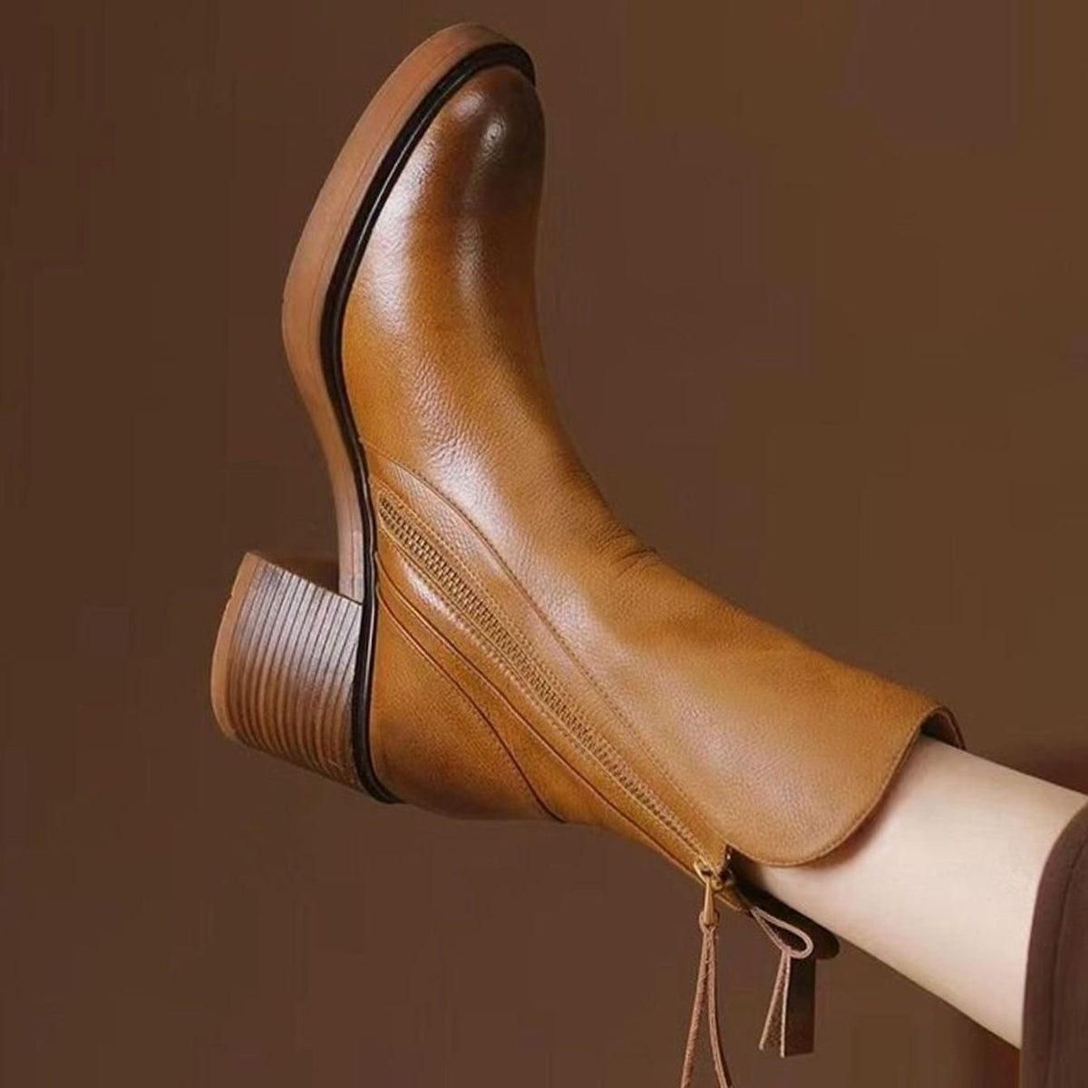 Women's Genuine Leather Side-Zip Block-Heel Ankle Boots