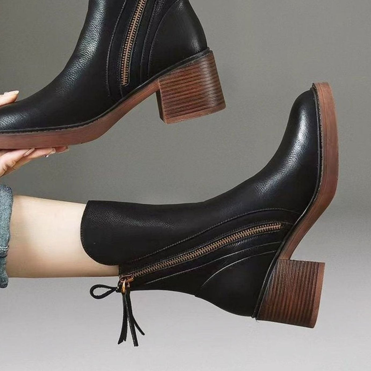 Women's Genuine Leather Side-Zip Block-Heel Ankle Boots