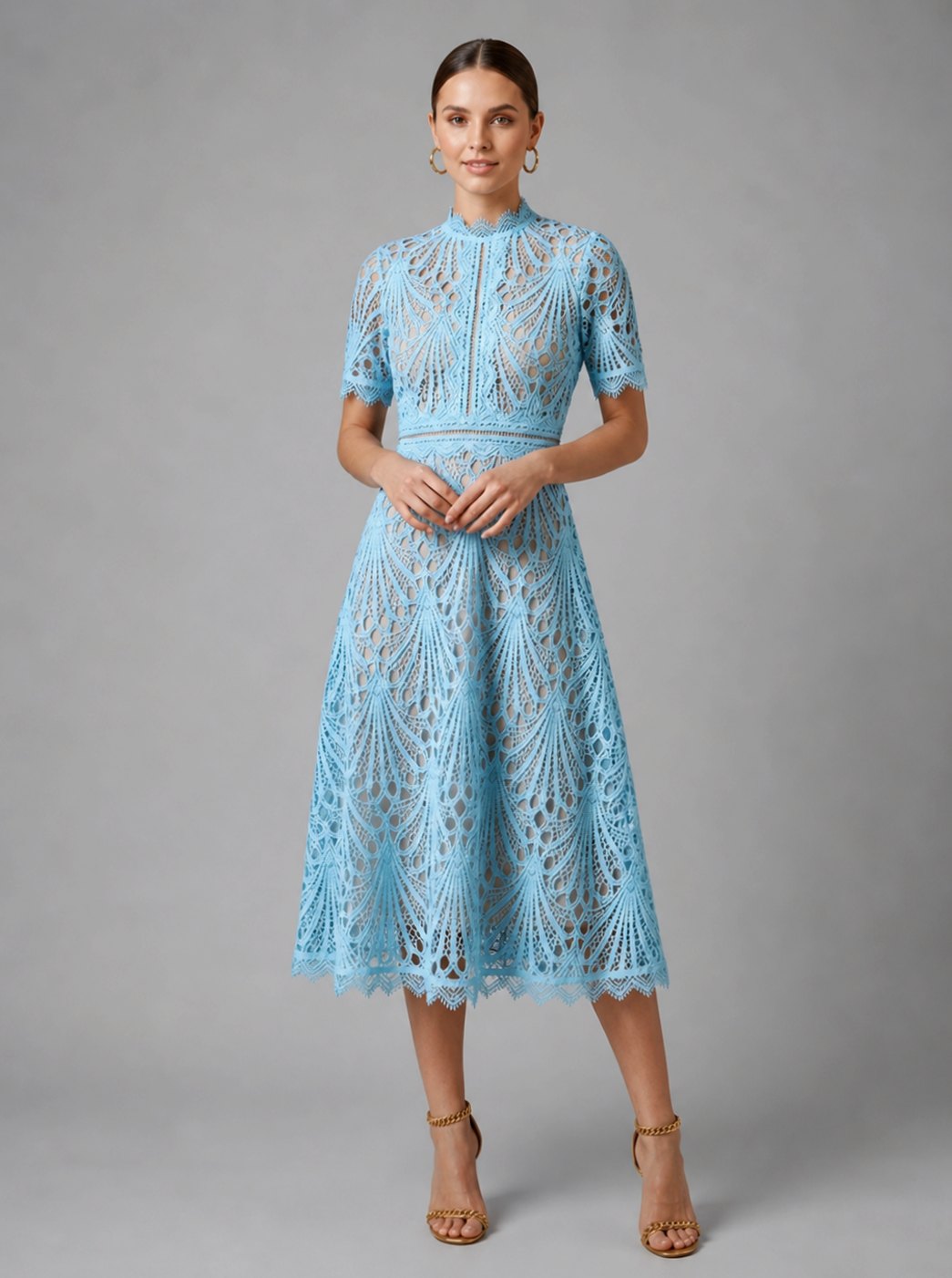 Women's Geometric Lace High-Neck A-Line Midi Party Dress - Light Blue