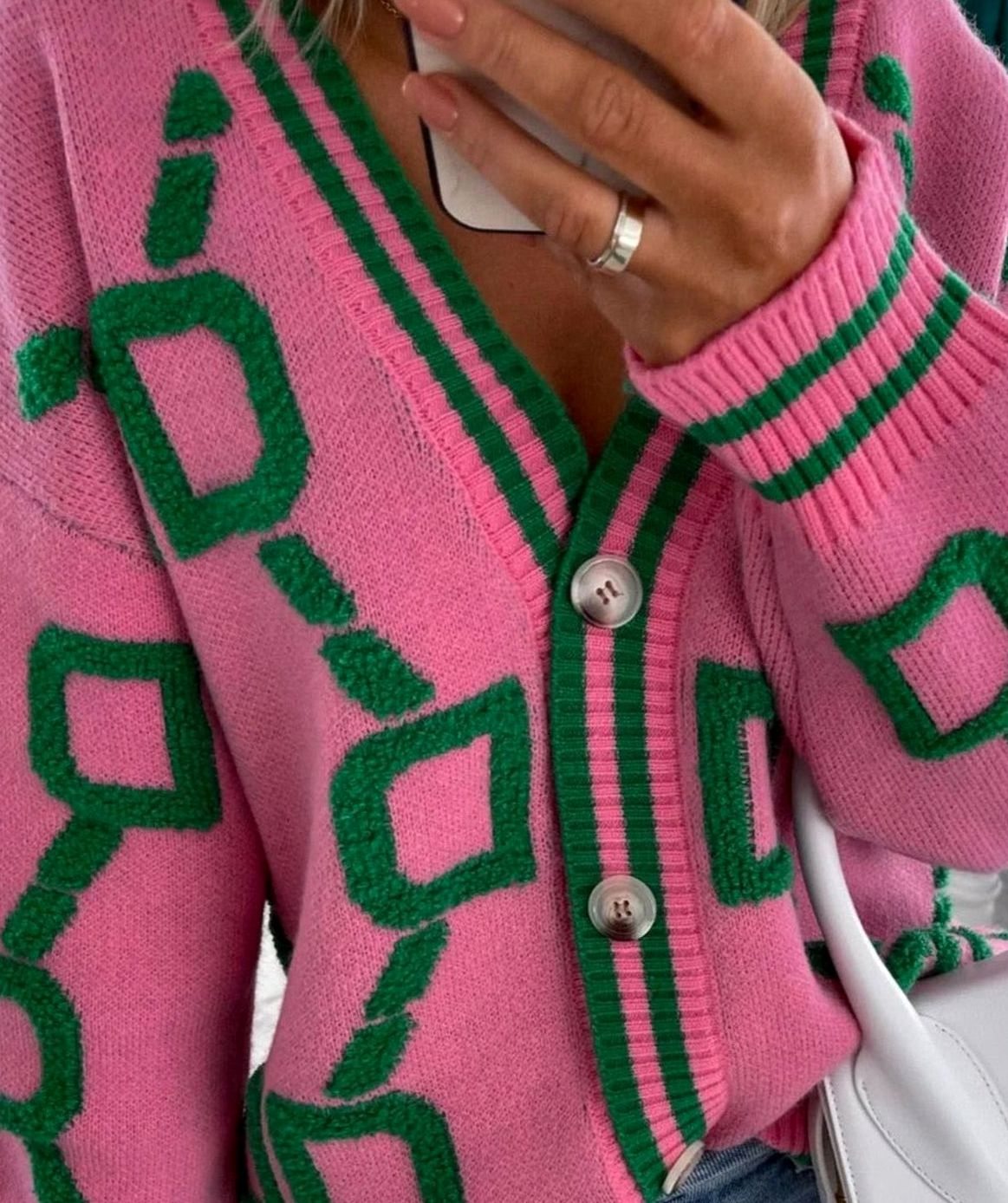 Women's Geometric Pattern Button-Up Knit Cardigan