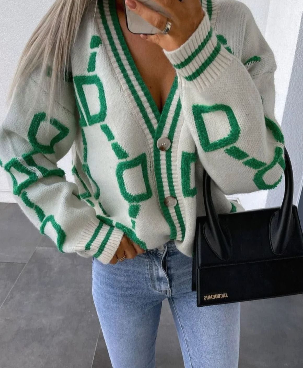 Women's Geometric Pattern Button-Up Knit Cardigan