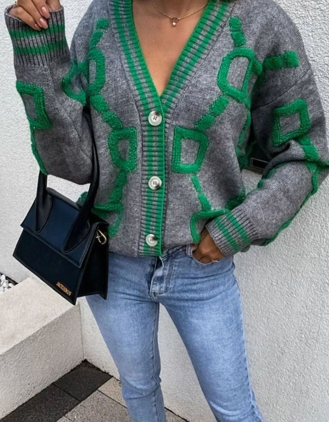 Women's Geometric Pattern Button-Up Knit Cardigan - Grey