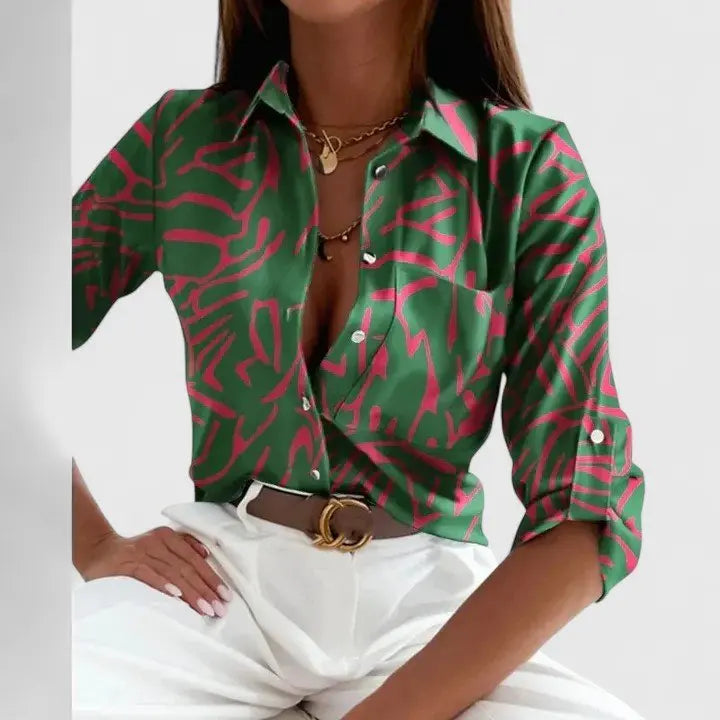 Women's Geometric Print Blouse Long Sleeve Button Down - Green