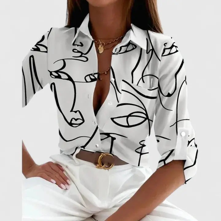 Women's Geometric Print Blouse Long Sleeve Button Down - White