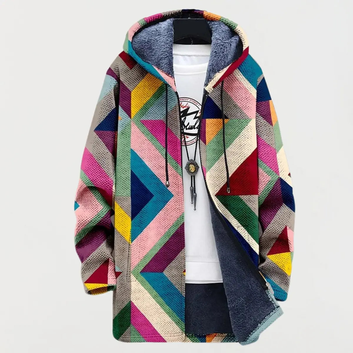 Women's Geometric Print Fleece-Lined Hooded Sweater Jacket - Multicolour