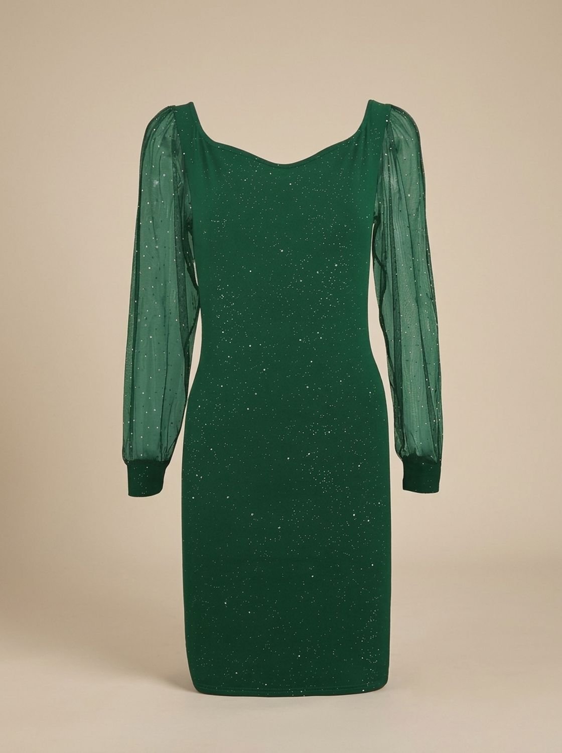 Women's Glitter Mesh-Sleeve Bodycon Christmas Party Dress - Green