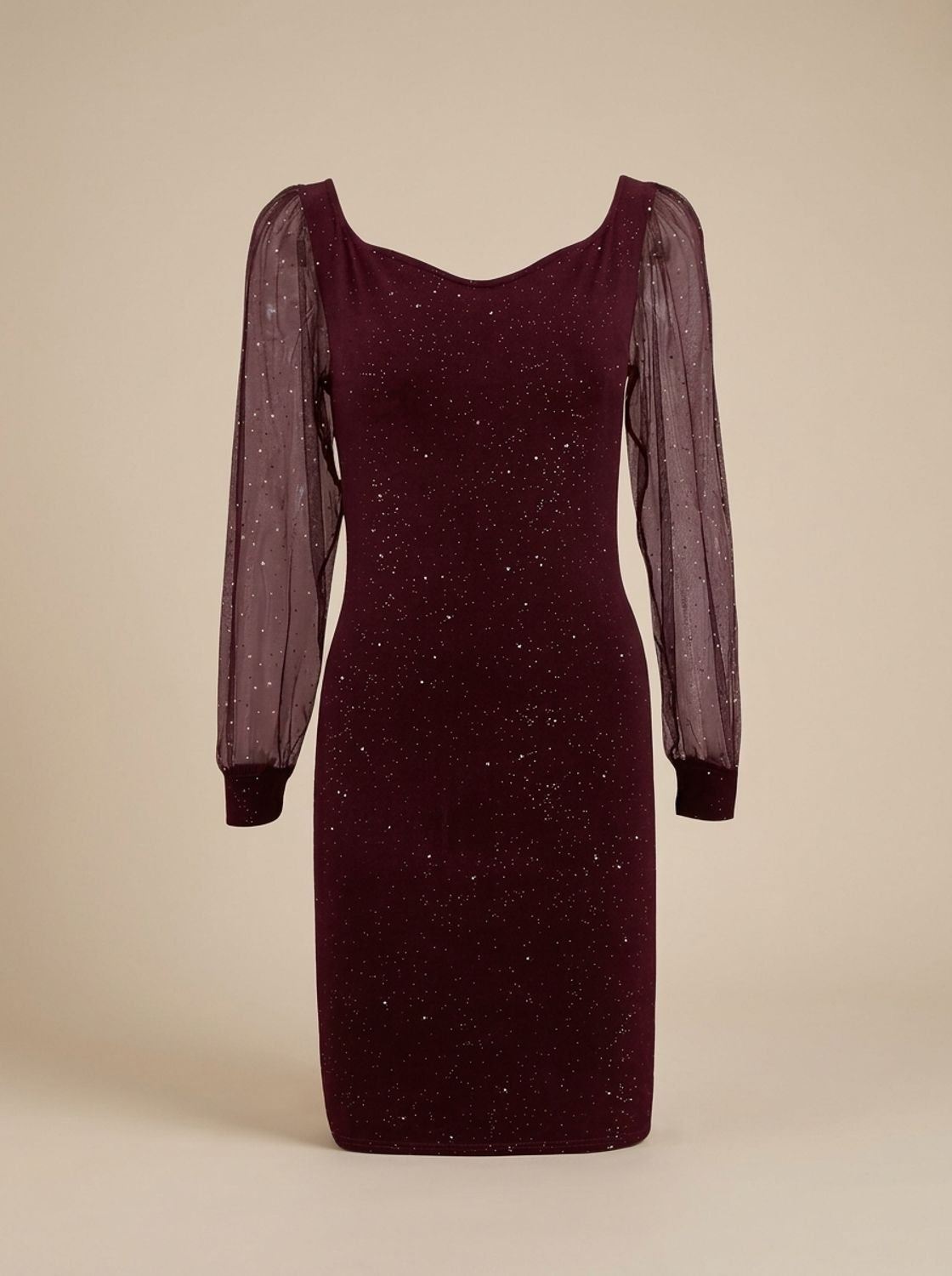 Women's Glitter Mesh-Sleeve Bodycon Christmas Party Dress - Burgundy