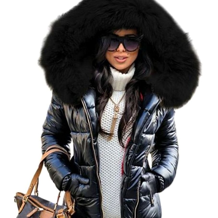 Women's Glossy Quilted Down Puffer Jacket Faux Fur Hood - Black with Black Hood
