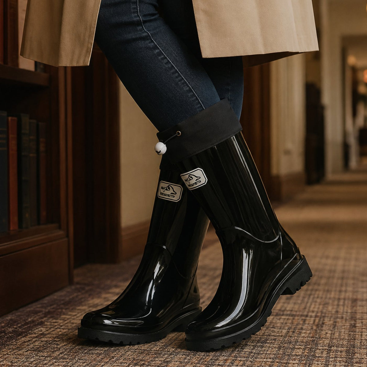 Women's Glossy Rubber Drawstring Cuff Waterproof Rain Boots - Black