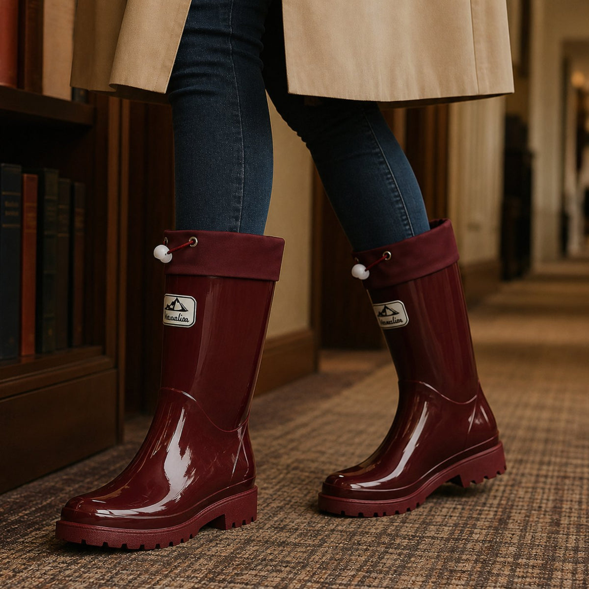 Women's Glossy Rubber Drawstring Cuff Waterproof Rain Boots - Burgundy