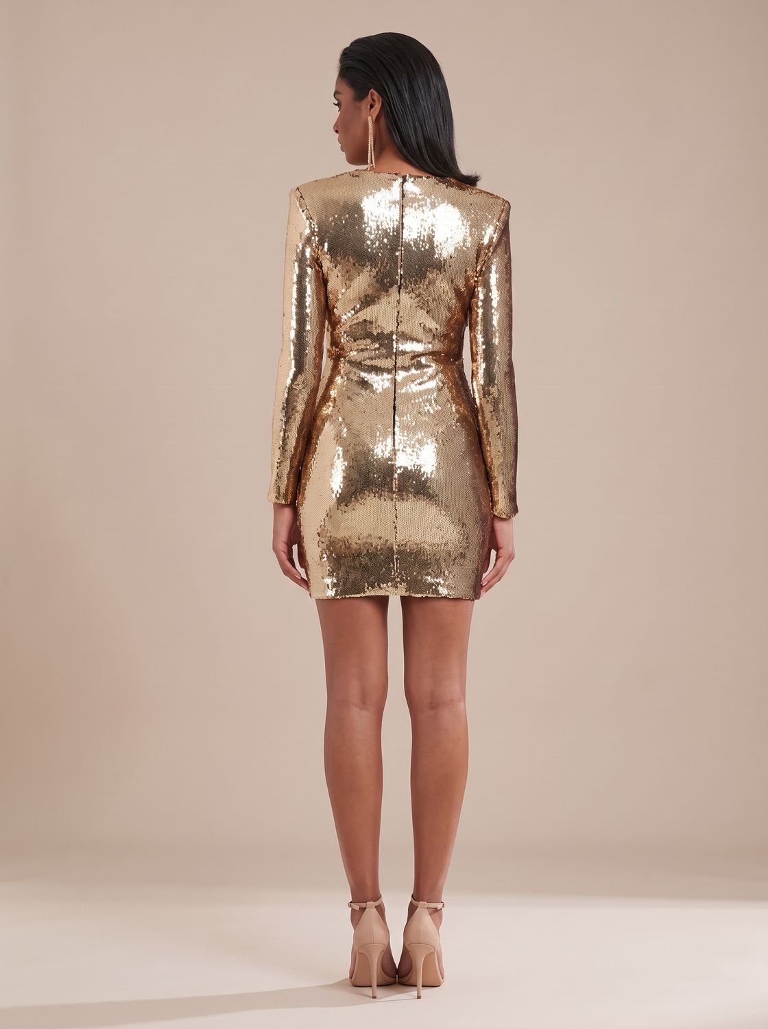 Women's Gold Sequin Long-Sleeve Draped V-Neck Mini Dress