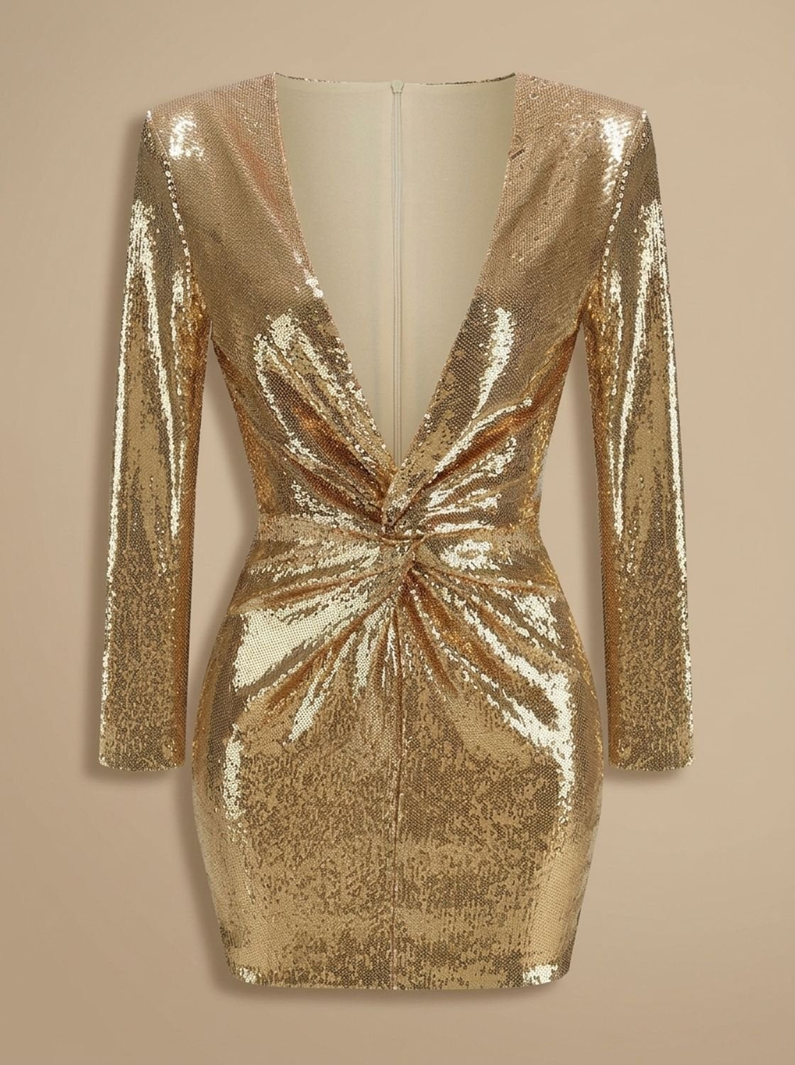 Women's Gold Sequin Long-Sleeve Draped V-Neck Mini Dress
