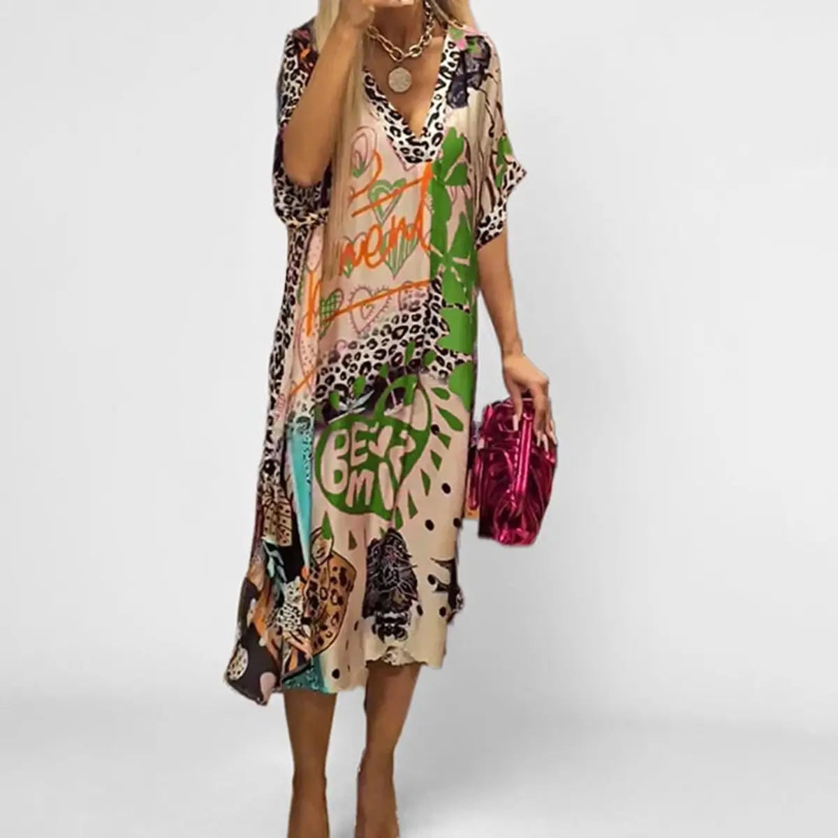 Women's Graphic Print V-Neck Swing Tunic Midi Dress - Green