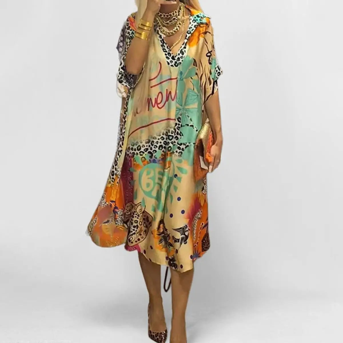 Women's Graphic Print V-Neck Swing Tunic Midi Dress - Blue