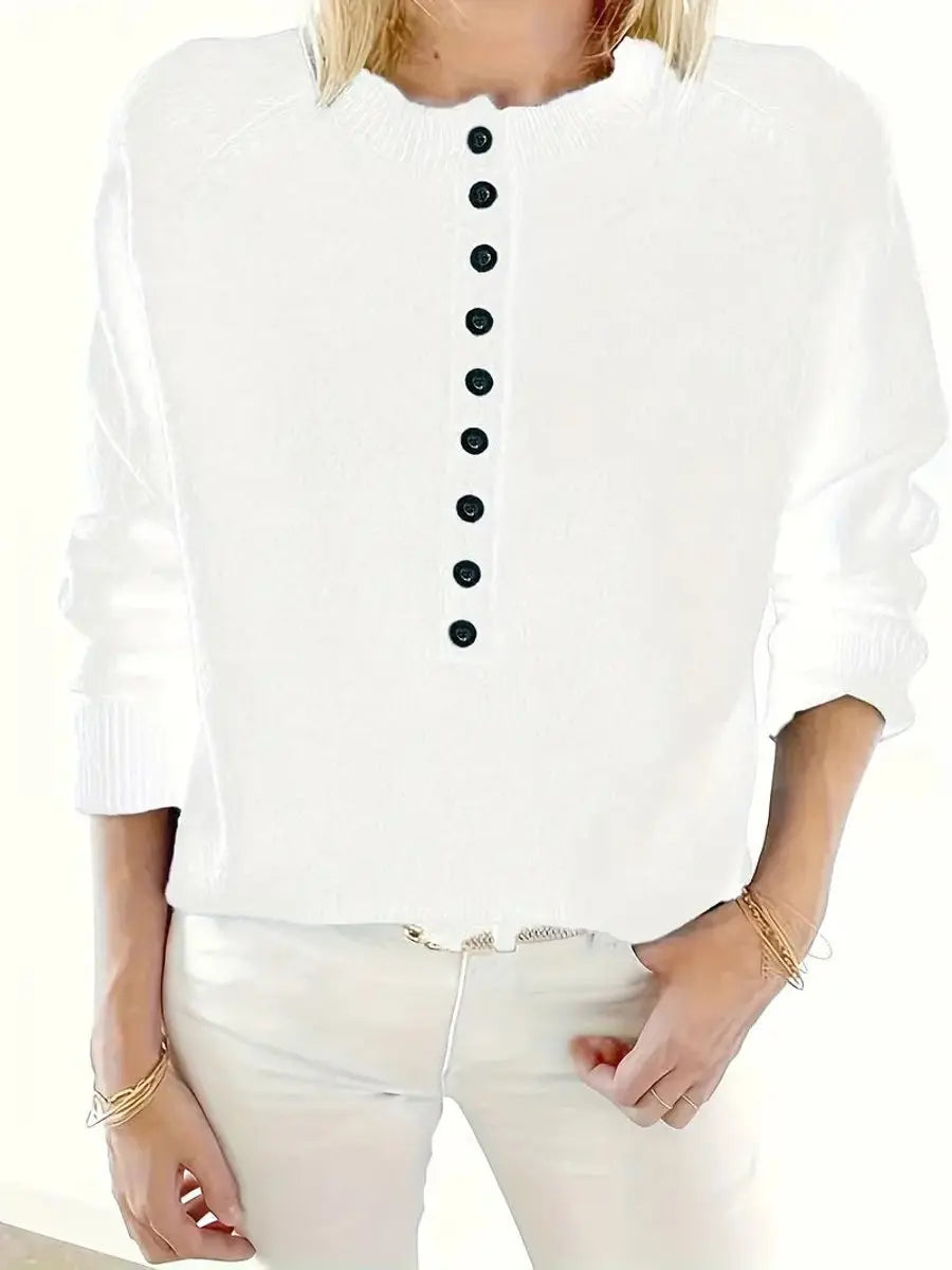 Women's Half-Button V-Neck Knit Sweater Pullover Jumper
