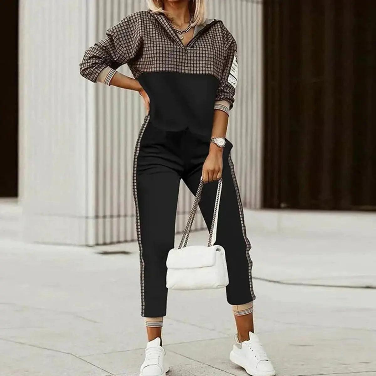 Women's Half-Zip Patterned Jogger Set Athleisure Womens Jumper - Black