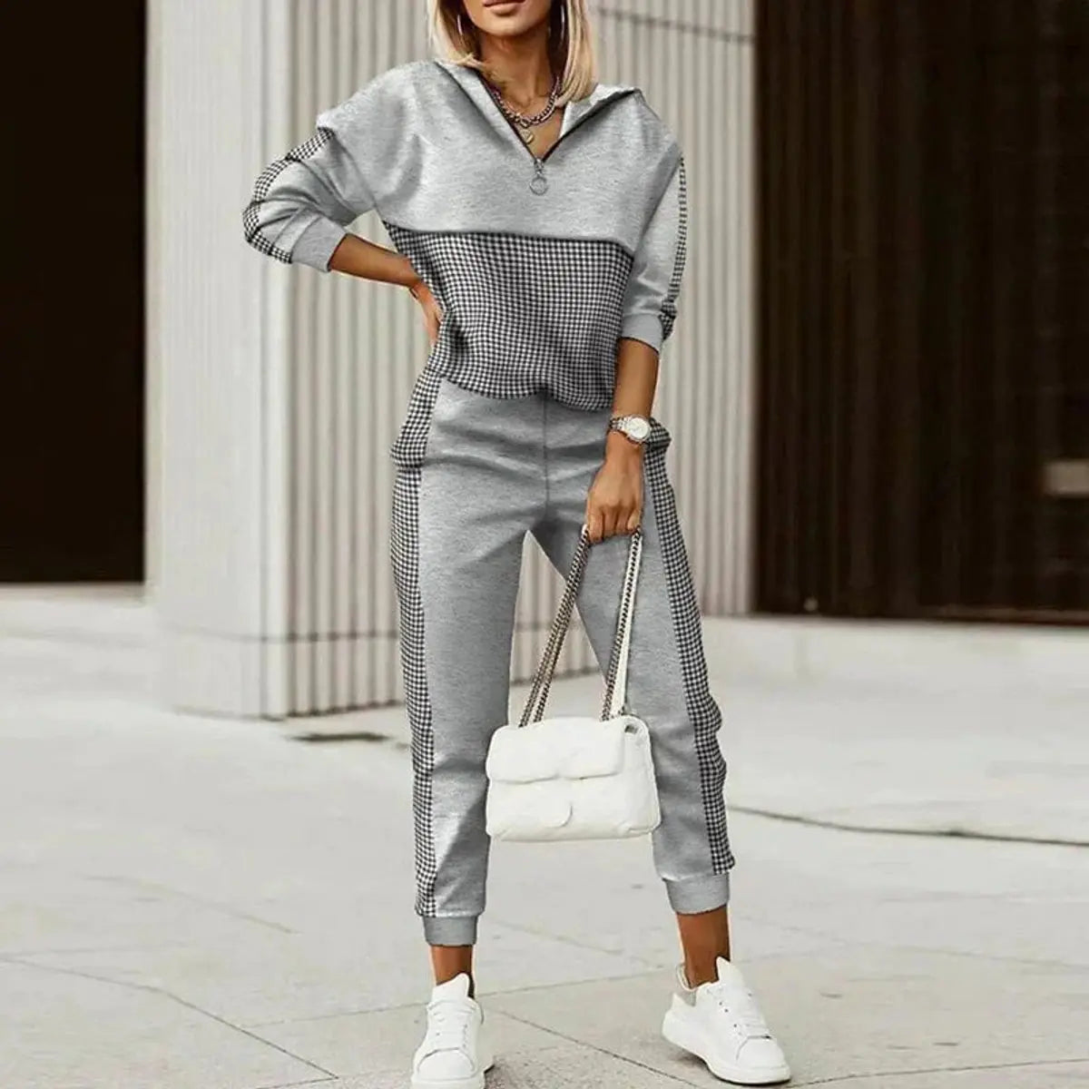 Women's Half-Zip Patterned Jogger Set Athleisure Womens Jumper - Grey