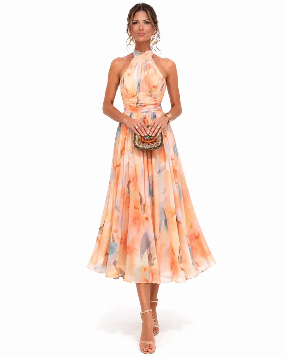 Women's Halter Neck Floral Chiffon Midi Dress