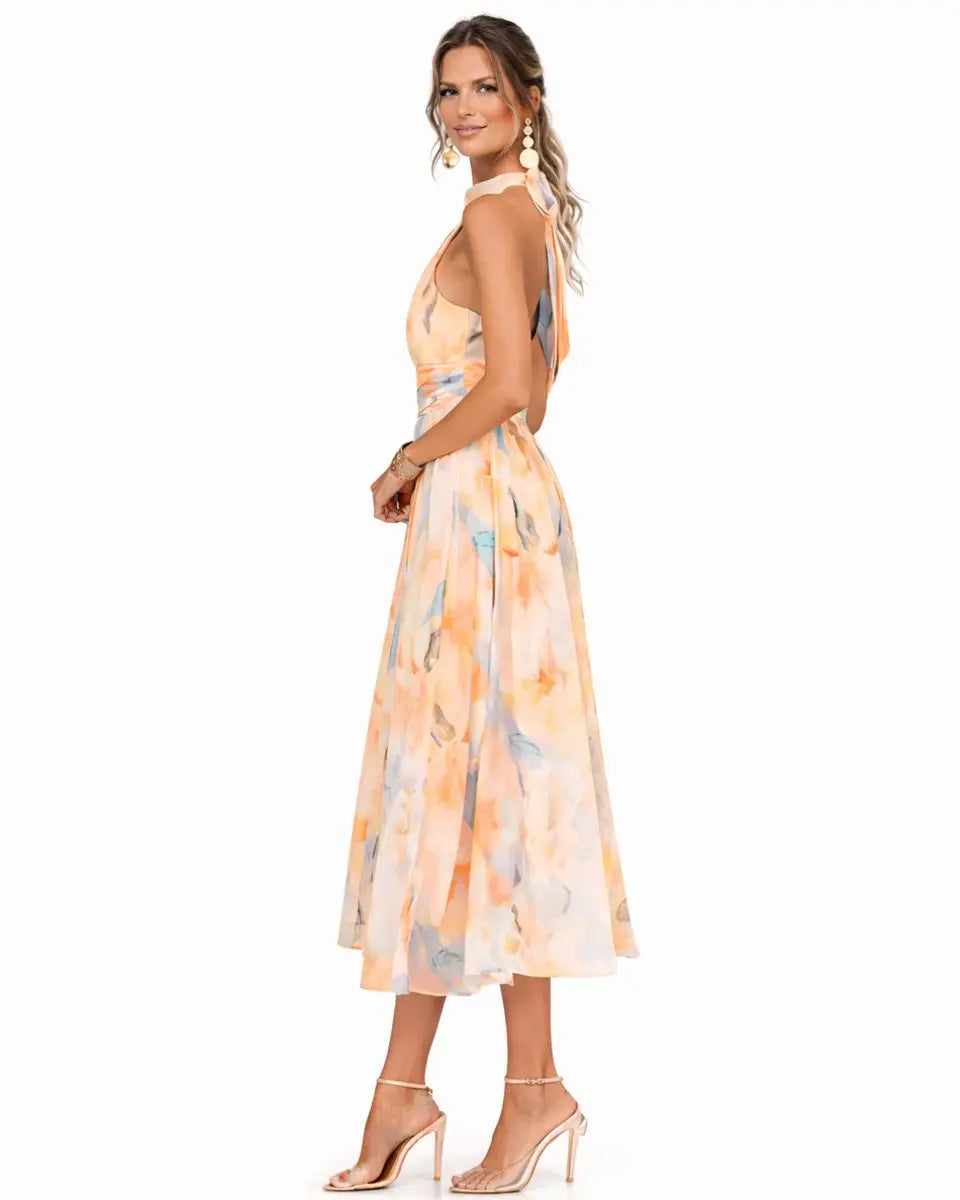 Women's Halter Neck Floral Chiffon Midi Dress
