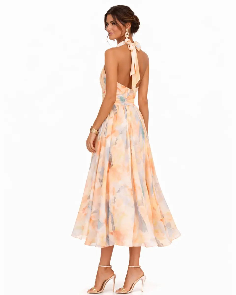 Women's Halter Neck Floral Chiffon Midi Dress