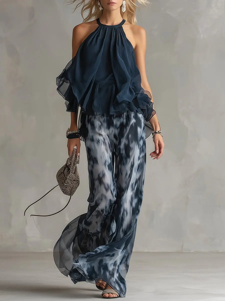 Women's Halter Neck Ruffled Chiffon Blouse Wide-Leg Two-Piece Set - Navy Blue