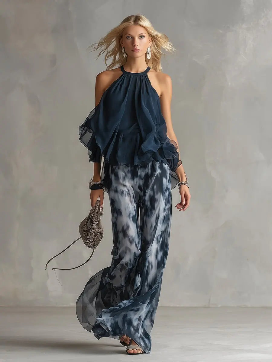 Women's Halter Neck Ruffled Chiffon Blouse Wide-Leg Two-Piece Set
