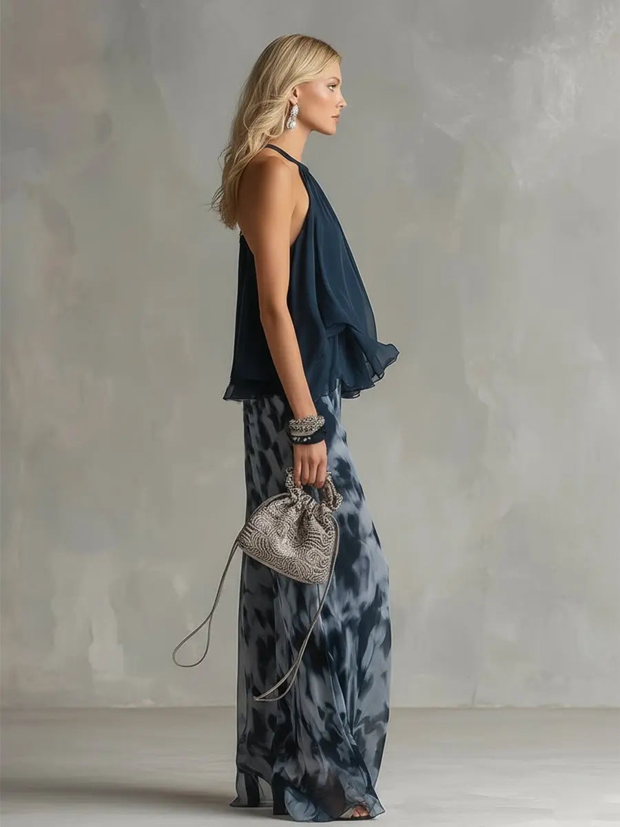Women's Halter Neck Ruffled Chiffon Blouse Wide-Leg Two-Piece Set