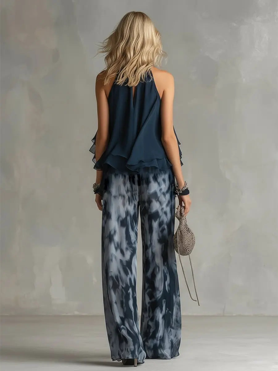 Women's Halter Neck Ruffled Chiffon Blouse Wide-Leg Two-Piece Set