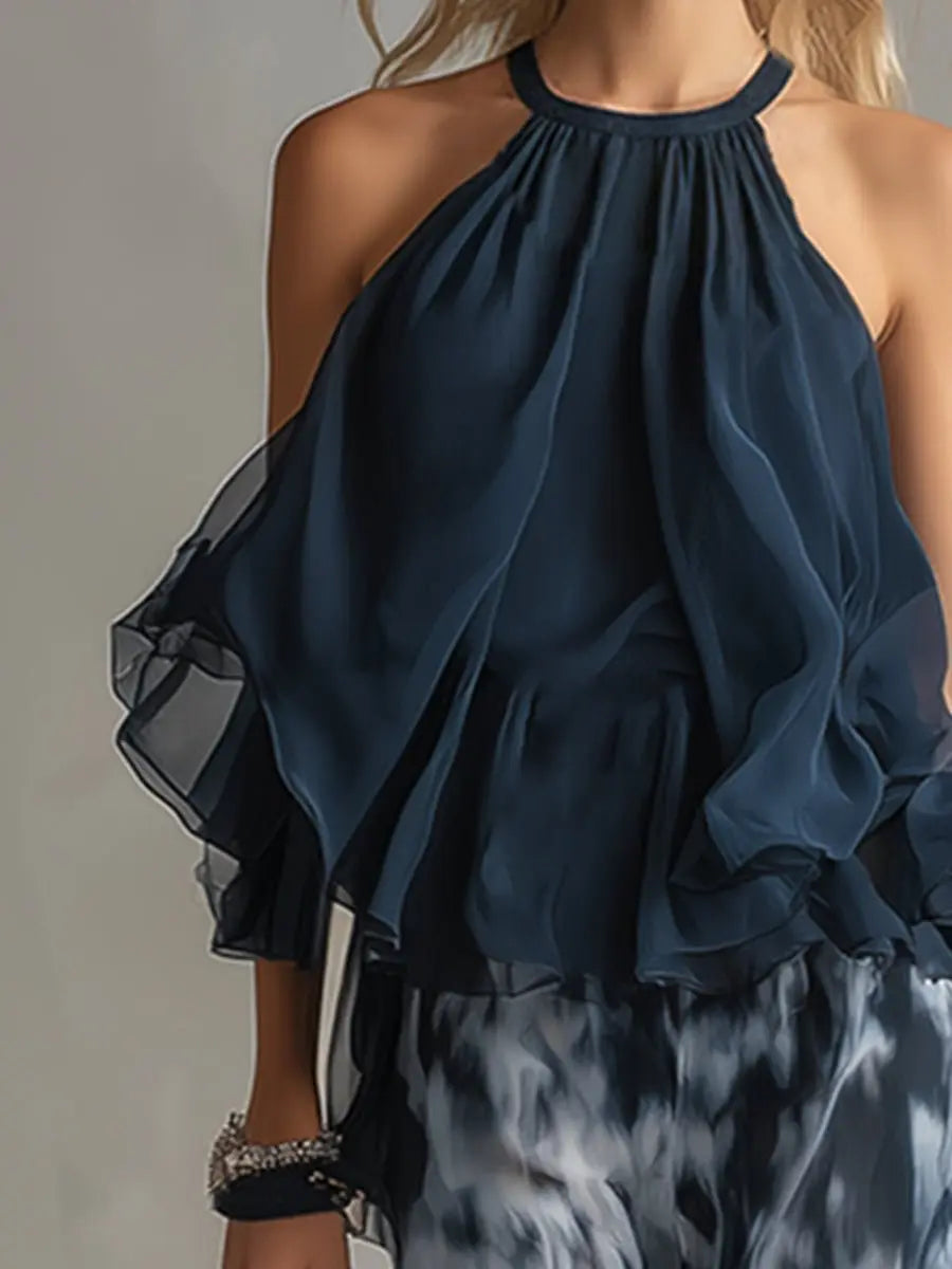 Women's Halter Neck Ruffled Chiffon Blouse Wide-Leg Two-Piece Set