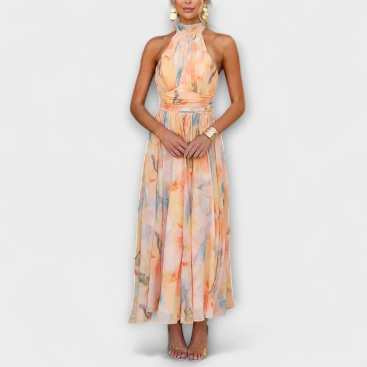 Women's Halterneck Watercolour Print Maxi Cocktail Party Dress