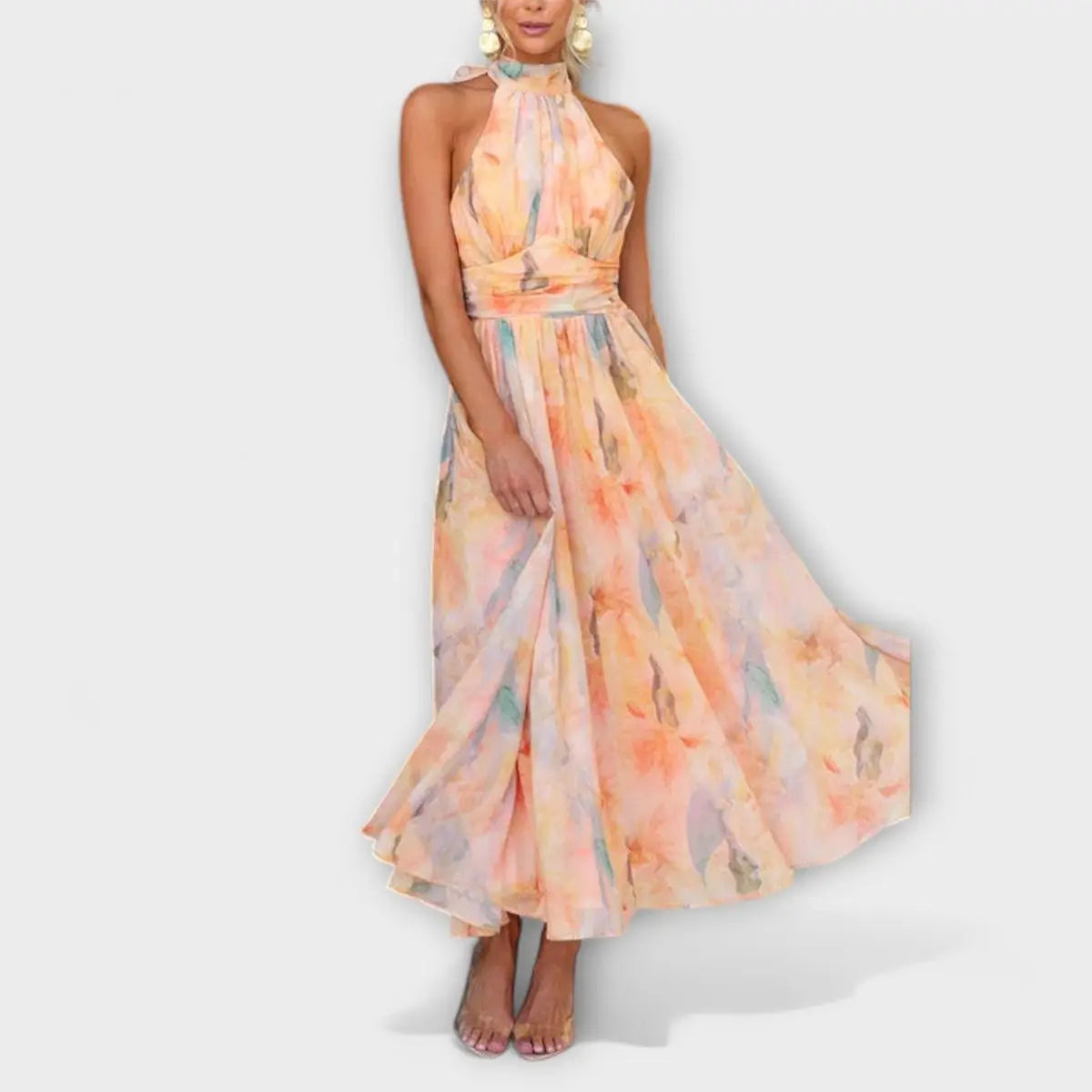 Women's Halterneck Watercolour Print Maxi Cocktail Party Dress