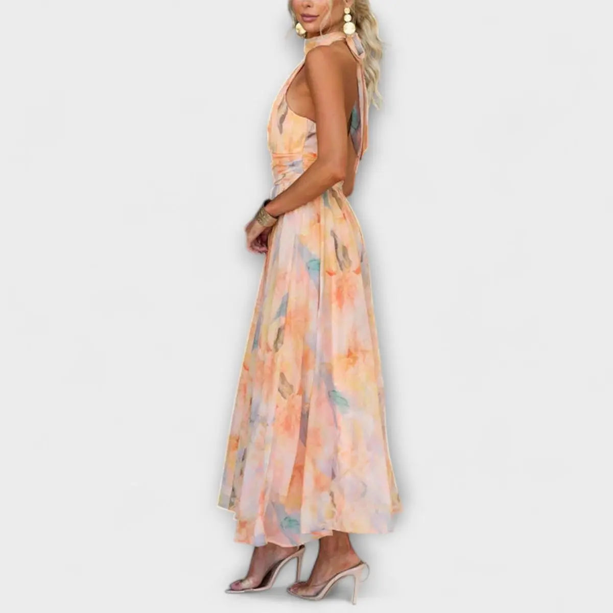 Women's Halterneck Watercolour Print Maxi Cocktail Party Dress